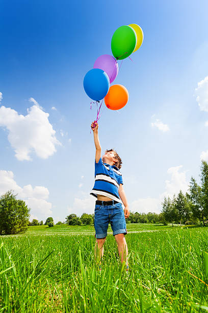 istock Small boy with colorful balloons in green meadow 499517329