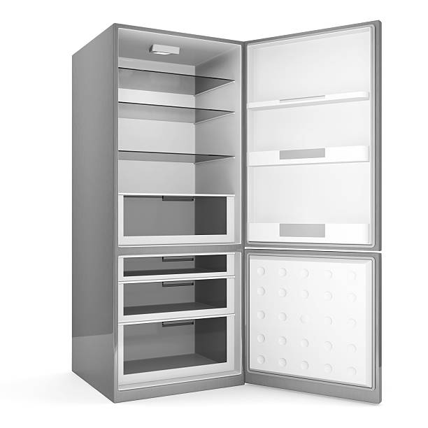istock Modern metallic refrigerator with opened door isolated on white background 499517437