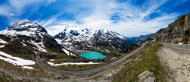 Panorama of the Susten pass, which connects Innertkirchen in the canton of Bern with Wassen in the canton of Uri, Switzerland. Steinsee can be seen in the valley.