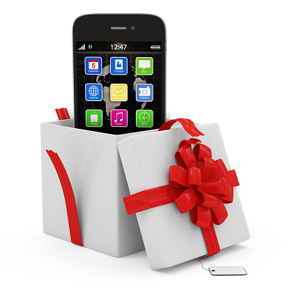 Opened Gift Box with Touchscreen Smartphone isolated on white background