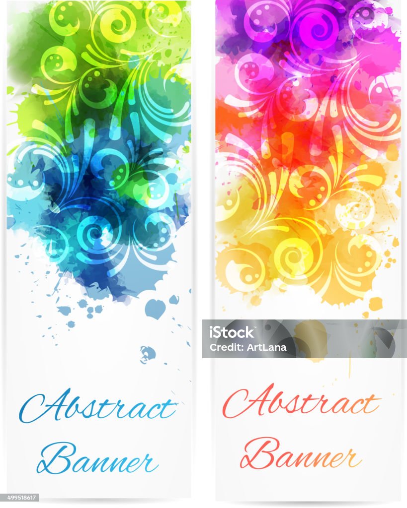 Swirly floral vertical banners Set of two vertical banners with abstract color splashes and modern swirly floral design. eps10 - contains transparencies Abstract stock vector