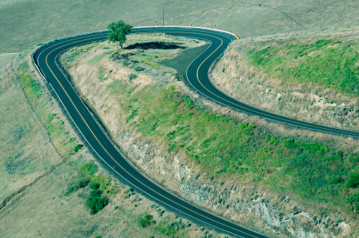 Hairpin curve in old Lewiston grade road on hillside in Idaho