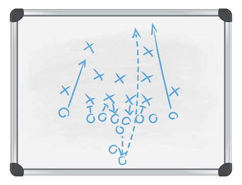 vector image of a football tactic on a whiteboard. Transparency, blend and mesh effects used.All elements are grouped and can be easily changed. Stains on whiteboard are grouped and their transparency can be easily changed or they can be easily deleted.