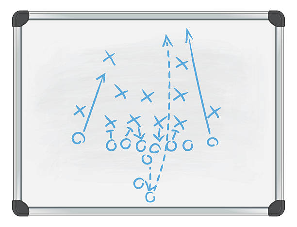 football tactic on whiteboard vector image of a football tactic on a whiteboard. Transparency, blend and mesh effects used.All elements are grouped and can be easily changed. Stains on whiteboard are grouped and their transparency can be easily changed or they can be easily deleted. american football game plan stock illustrations