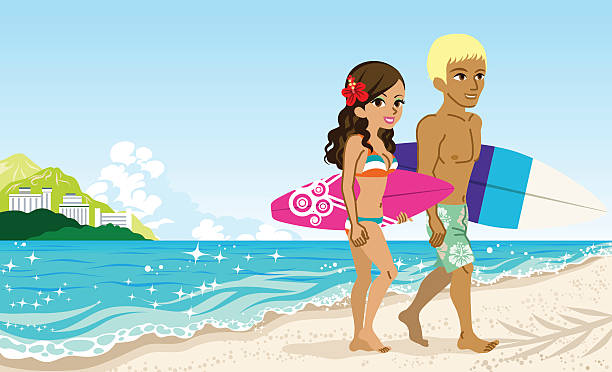 пара на пляж - swimming shorts surfing male full length stock illustrations