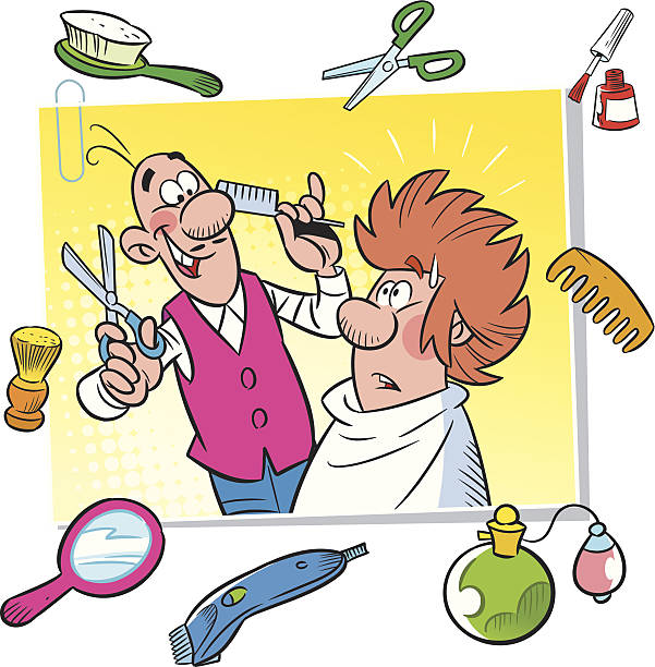 cartoon barbershop In the illustration cartoon funny hairdresser with client, tools and attributes hairdressing salon. Illustration done on separate layers. human hair comb combing cartoon stock illustrations