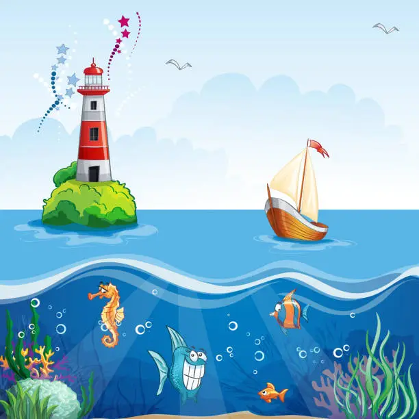 Vector illustration of lighthouse and sailboat. On the sea floor, and funny fish
