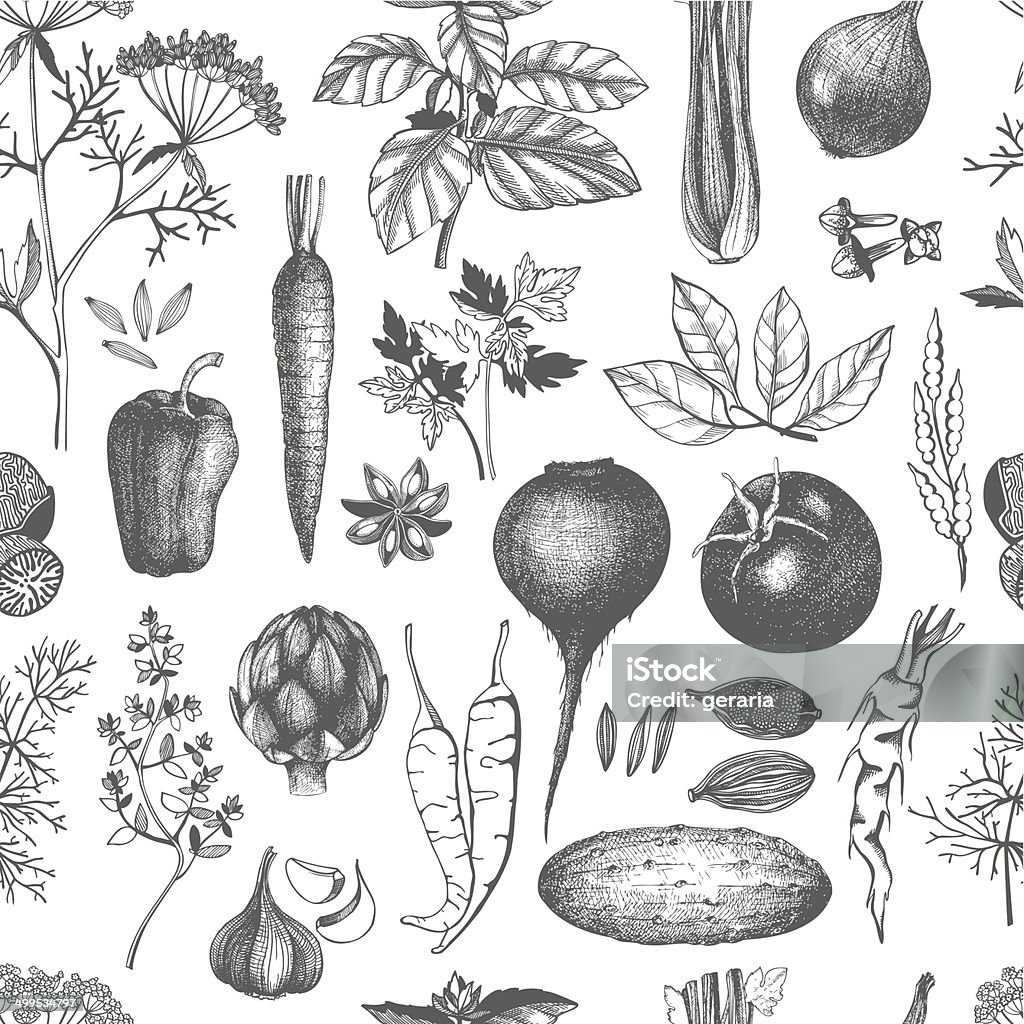 ink hand drawn vegetables, herbs and spices Vector seamless pattern with ink hand drawn vegetables, herbs and spices. Decorative food background.Vector collection of black ink hand drawn vegetables, herbs and spices. Vintage healthy food illustration isolated on white Artichoke stock vector