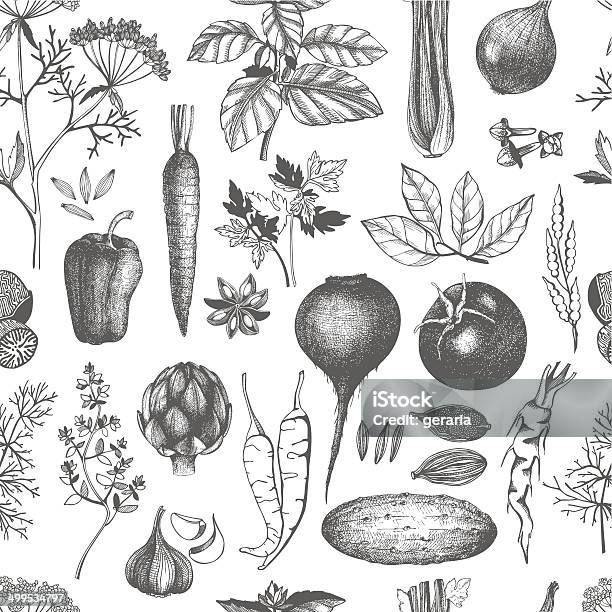 Ink Hand Drawn Vegetables Herbs And Spices Stock Illustration - Download Image Now - Artichoke, Backgrounds, Basil