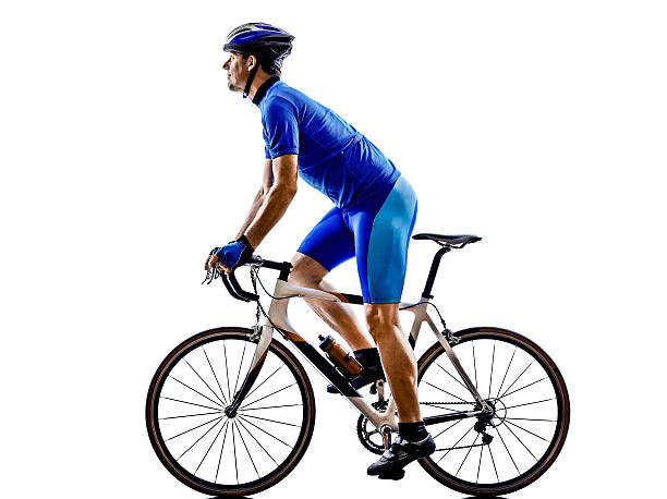one cyclist road bicycle in silhouette on white background