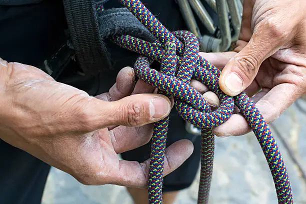 mountain climber doing a figure eight knot re-threaded