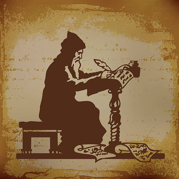 step Old monk writing a chronicle of contemporary events vector illustration man writing stock illustrations
