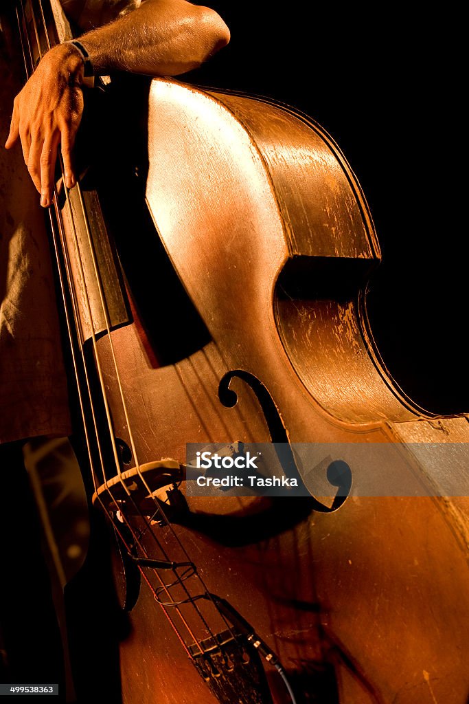 Double bass Hand of the musician on the contrabass at the live concert Double Bass Stock Photo