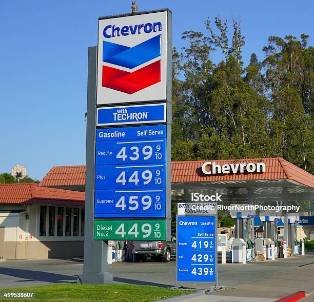Chevron Gas Station In Sausalito California Stock Photo - Download Image Now - Blue, Building Exterior, Built Structure