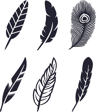 Six unique feather symbol, silhouette and icon concepts.