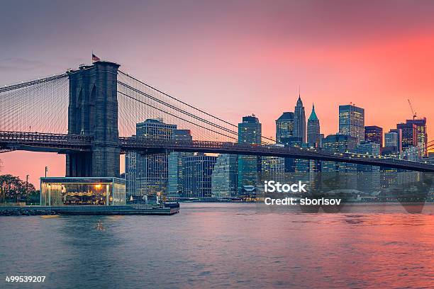 Brooklyn Bridge And Manhattan At Dusk Stock Photo - Download Image Now - Architecture, Awe, Bridge - Built Structure