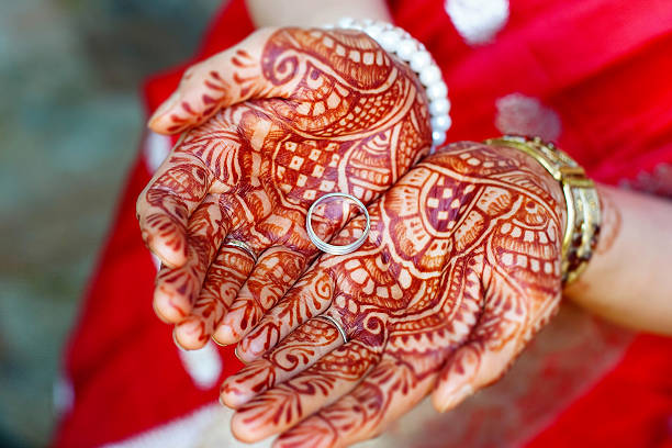 istock Hands painted with henna holds the wedding ring 499539391