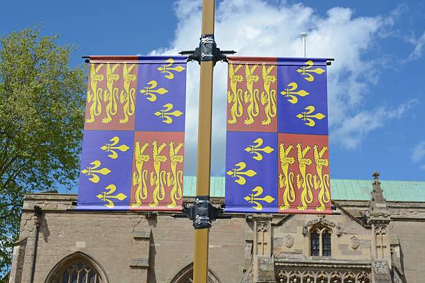 Flag King Richard III Leicester, United Kingdom - May 12, 2015 : Standard / flag of King Richard III outside Leicester Cathedral. three lions england stock pictures, royalty-free photos & images
