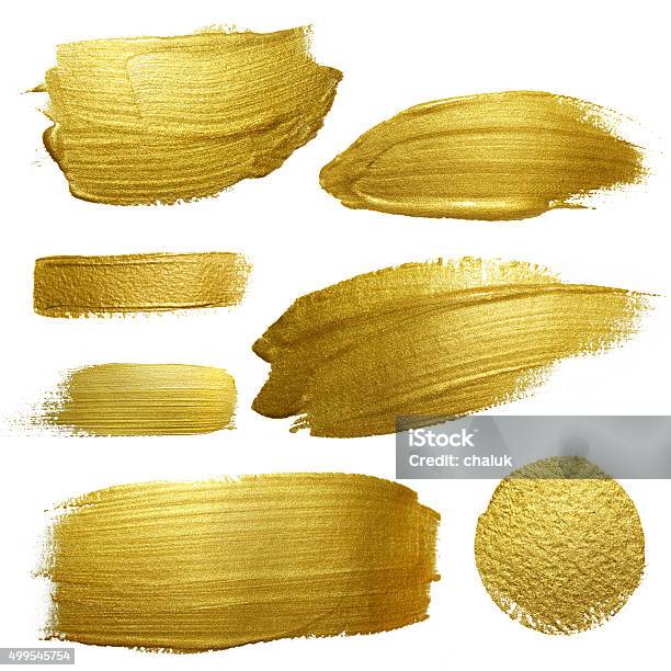 Gold Farbe Smear Schlaganfallfärbung Set Stock Vektor Art und mehr Bilder von Goldfarbig - Goldfarbig, Malfarbe, Pinsel