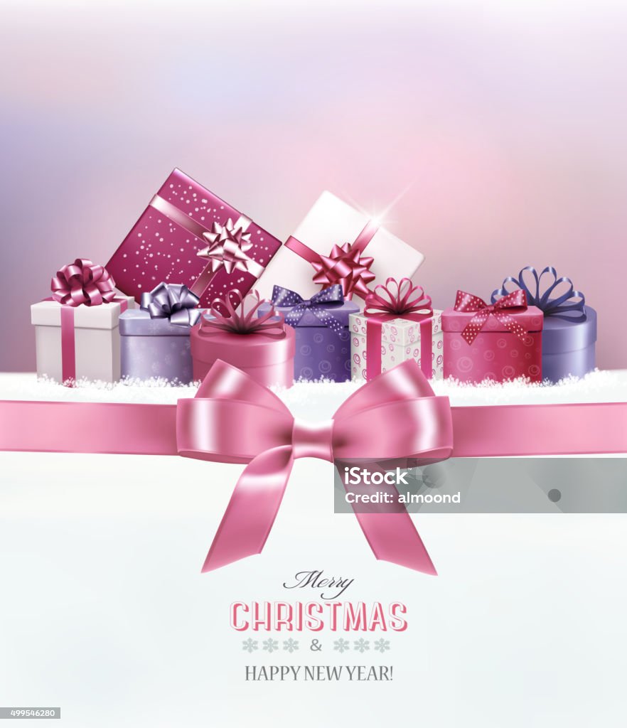 Merry Christmas card with a ribbon and gift boxes. Vector. 2015 stock vector