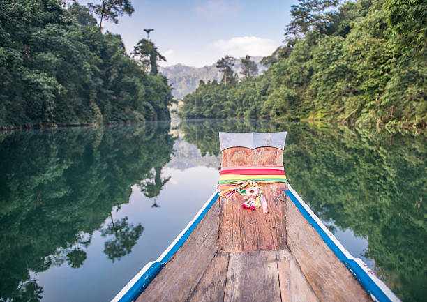 Khao Sok National Park, Surat Thani, Thailand Traveling by Longtail boat over the beautiful calm Lake in the middle of the rainforest of the Khao Sok National Park, Surat Thani, Thailand kao sok national park stock pictures, royalty-free photos & images