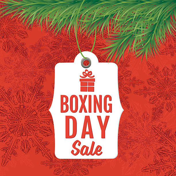 Boxing Day Holiday Sale Tag Hangs from An Evergreen Bough. There is a small red gift box and text on the price label. Red snowflake background pattern.