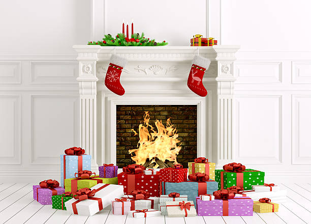 istock Christmas interior with fireplace and gifts 3d rendering 499551108