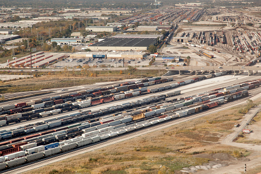 Aerial view of a shunting yard, Alberta, Canada