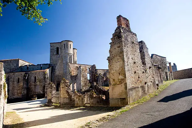Panoramic of the french village of Oradour-sur-Glane. On 10 June 1944, was destroyed and its population was massacred by nazi soldiers. The ruins of village have been preserved as reminder of the barbarity.
