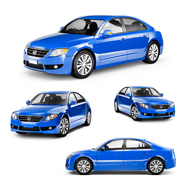 imagen de un coche azul en diferentes posiciones - sedan fotografías e imágenes de stock