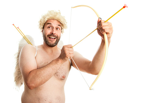 Funny Cupid with Bow and Arrow, isolated on White background