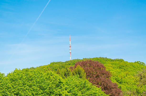 Transmission tower Broadcasting mast on a forest hill in front of a blue sky sendemast stock pictures, royalty-free photos & images