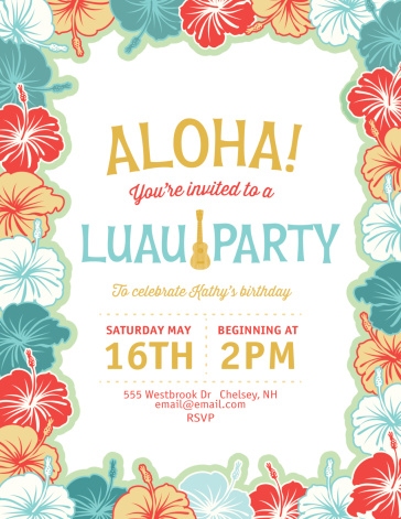 Aloha Hawaiian Luau Party Invitation With Hibiscus Flowers.  Summer Beach Party Invitation With the hibiscus flowers done in red,green and white forming a framed border vertical template on a white background. The brown and green text is written in the middle  Celebration for party and barbecue invitation.