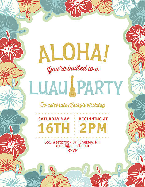 Aloha Hawaiian Party Invitation Aloha Hawaiian Luau Party Invitation With Hibiscus Flowers.  Summer Beach Party Invitation With the hibiscus flowers done in red,green and white forming a framed border vertical template on a white background. The brown and green text is written in the middle  Celebration for party and barbecue invitation. aloha single word stock illustrations