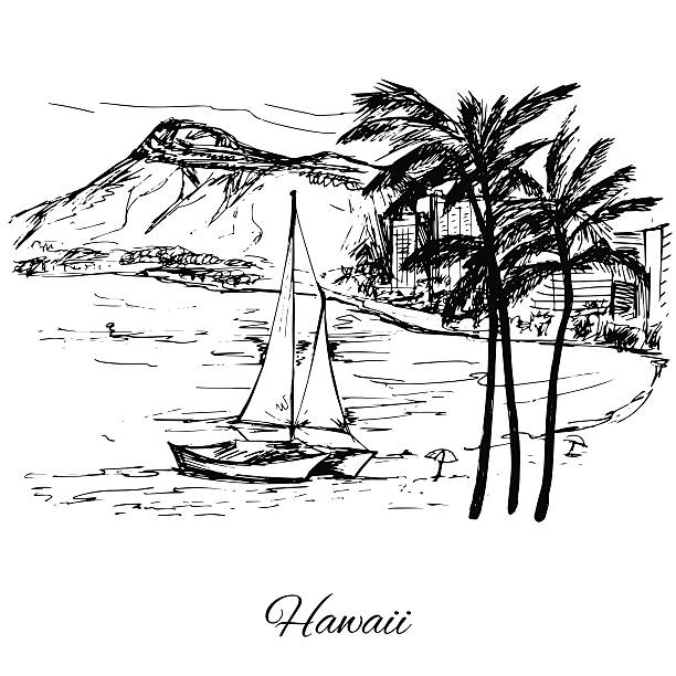 illustrazioni stock, clip art, cartoni animati e icone di tendenza di disegno a mano in barca vicino l'isola delle hawaii - horizon over water transportation sailing hawaii islands