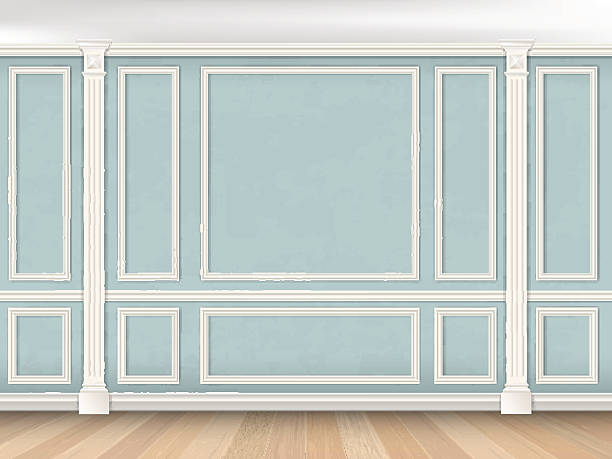 Blue wall with pilasters Blue wall interior in classical style with pilasters and moldings. Architectural background. shaping room stock illustrations