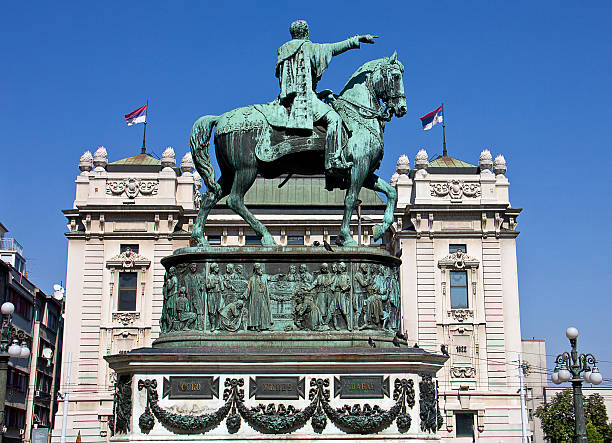 Monument of prince Michele Obrenovitsch Equestrian statue of Mihailo Obrenovic III, Prince of Serbia, on the Republic Square of Belgrade. The statue was erected by the Italian sculptor Enrico Pazzi in 1882. knez mihailova stock pictures, royalty-free photos & images