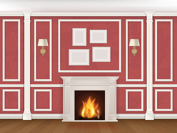 wall with pilasters, fireplace, sconces Classic interior wall with fireplace, sconces and pilasters. Vector realistic illustration. metal molding stock illustrations