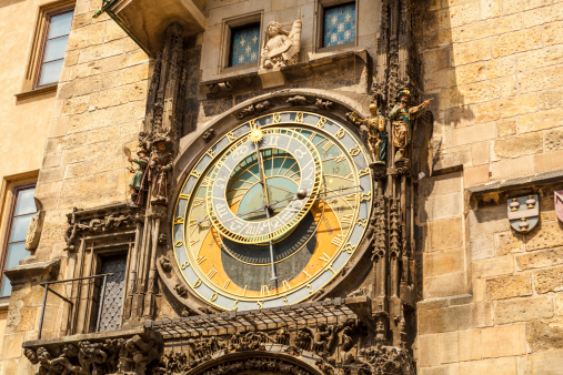 Old astronomical clock in the center square of Prague, Czech Republic