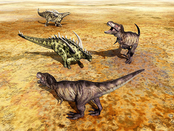 istock Gigantspinosaurus and Tyrannosaurus Rex 499569393