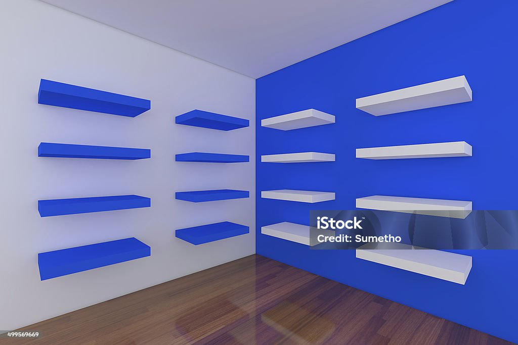 Shelves with empty blue room. Shelves with empty blue room. Empty Room decorated with abstract wall and wood floor. Architecture Stock Photo