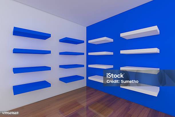 Shelves With Empty Blue Room Stock Photo - Download Image Now - Architecture, Backgrounds, Blank