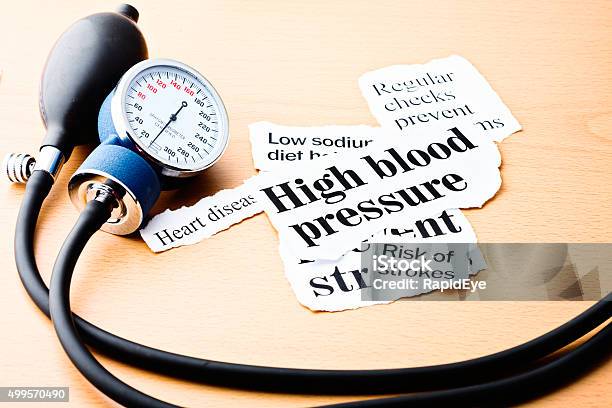 Headlines On Hypertension With Blood Pressure Meter Stock Photo - Download Image Now