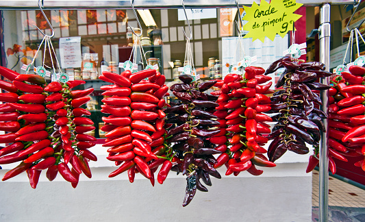Espelette, France, November 1, 2015 Espelette Red Peppers in the market