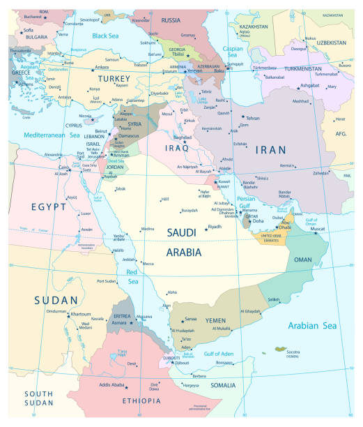 Map of Middle East and Asia Map of Middle East and Asia.Highly detailed map vector illustration. arabian peninsula stock illustrations