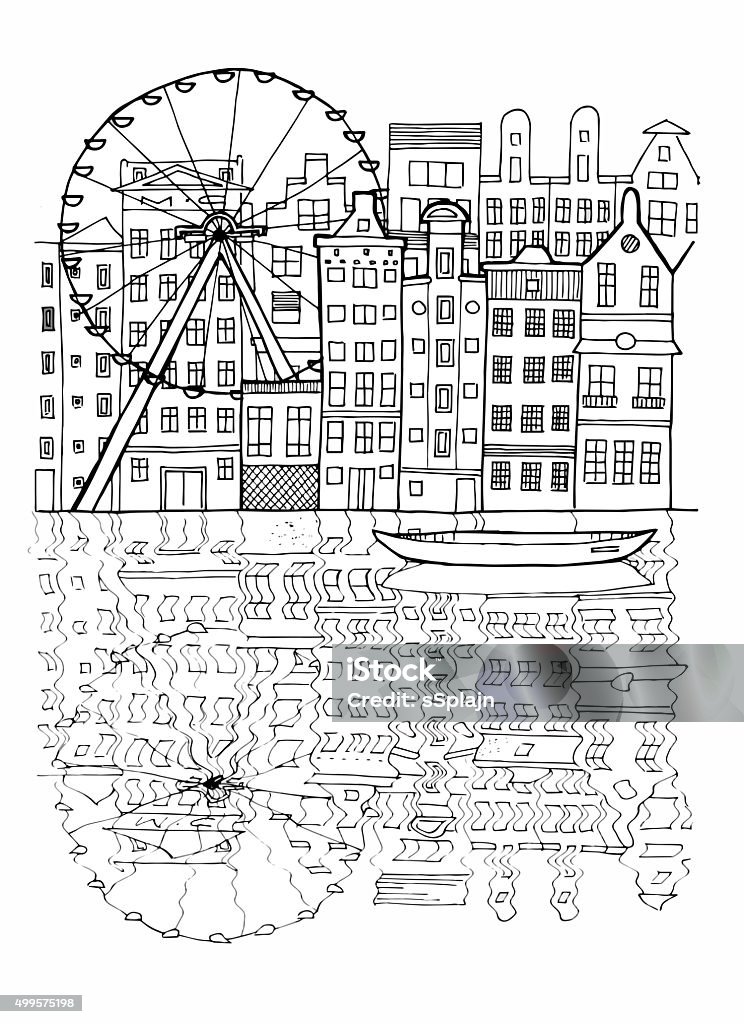 Amsterdam Illustration Amsterdam Illustration. Abstract combination of city landmarks. Black and white drawing  Drawing - Art Product stock illustration