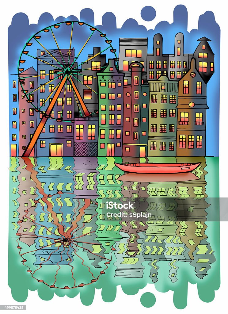 Amsterdam Illustration Amsterdam Illustration. Abstract combination of city landmarks. Colorful illustration  Row House stock illustration