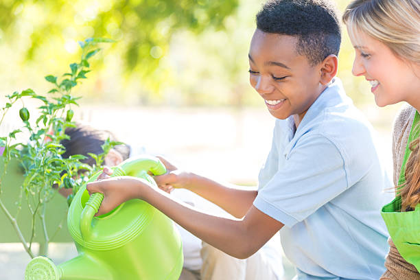 adorável little boy abeberamento plantas no jardim da escola - teaching field trip classroom child imagens e fotografias de stock