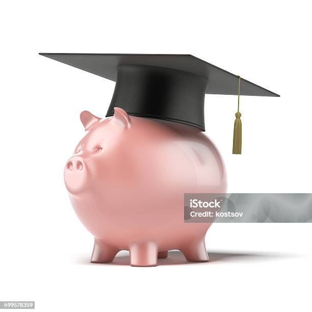 Piggy Bank With Black Graduation Hat Stock Photo - Download Image Now - Achievement, Bank Account, Banking