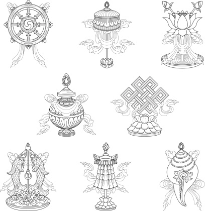 Vector Drawing of the eight auspicious, Buddhist symbols, also called eight treasures (Ashtamangala): 
